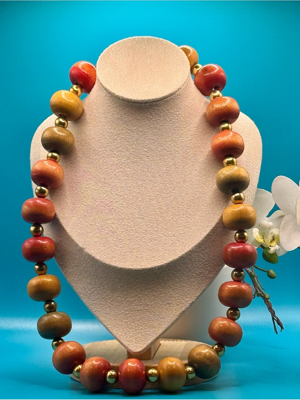 Earth Tone Wooden and Gold Plated Beaded Necklace